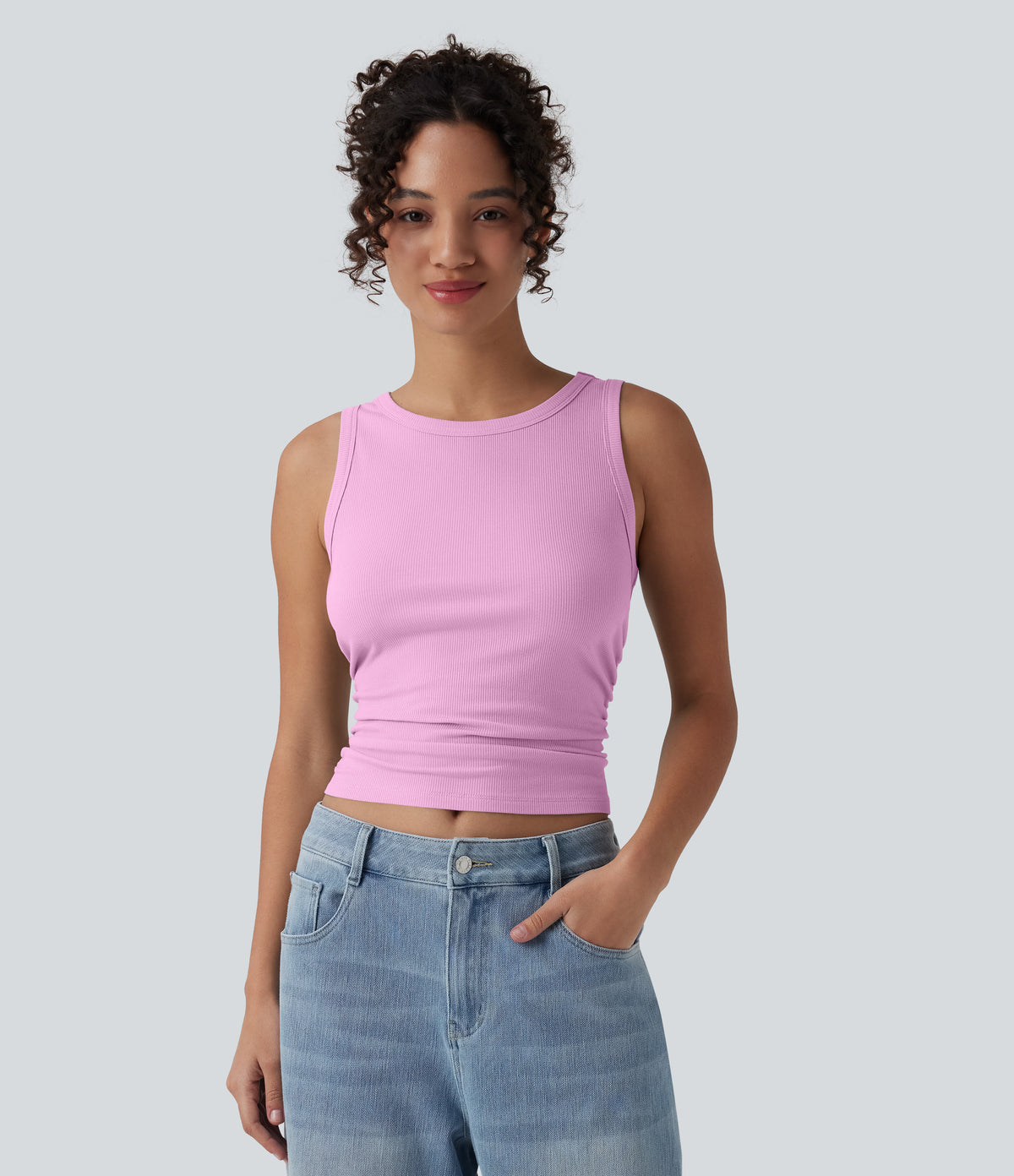 Ribbed Knit Round Neck Ruched Casual Tank Top