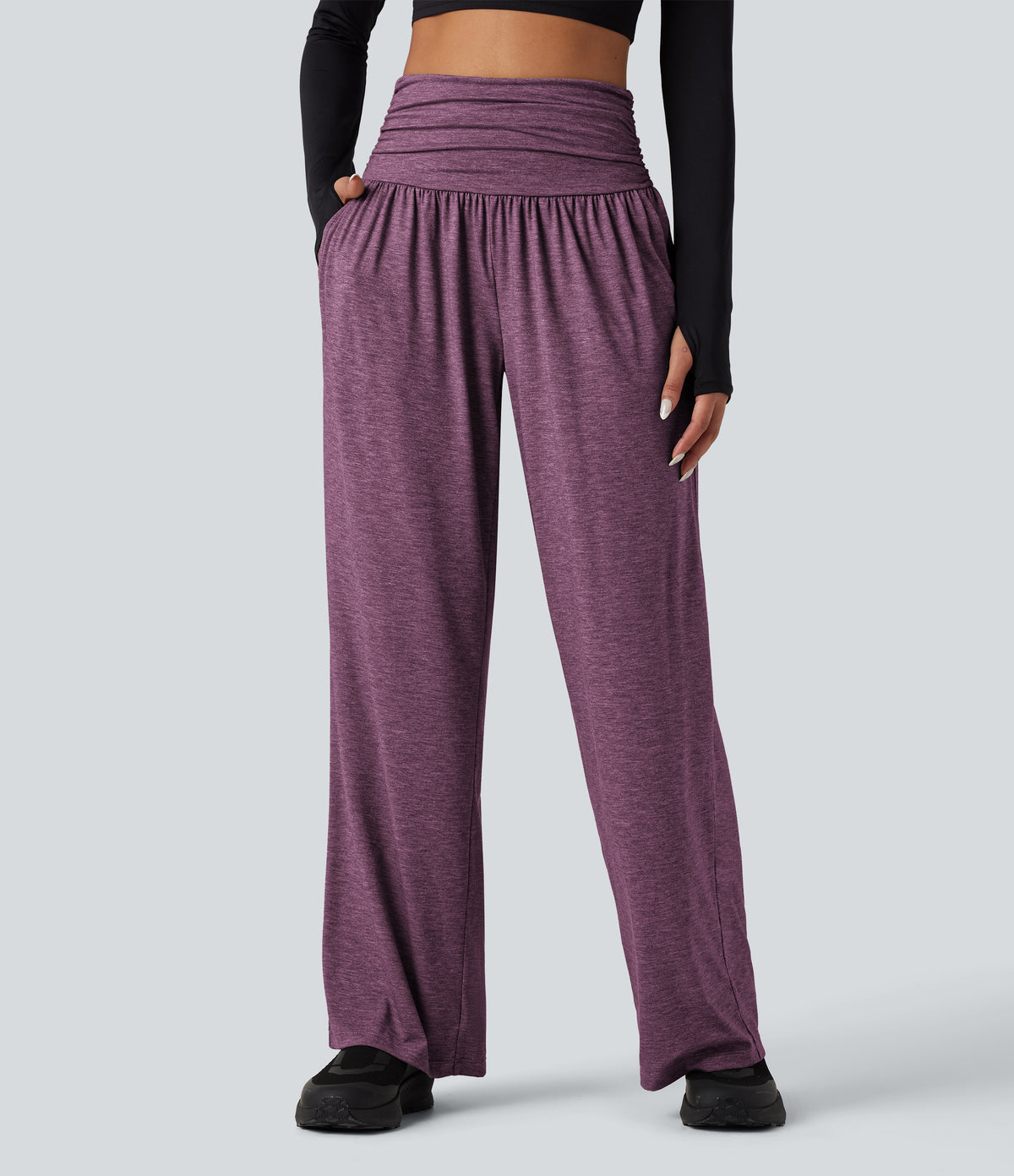 High Waisted Ruched Heathered Yoga Baggy Pants with Pockets