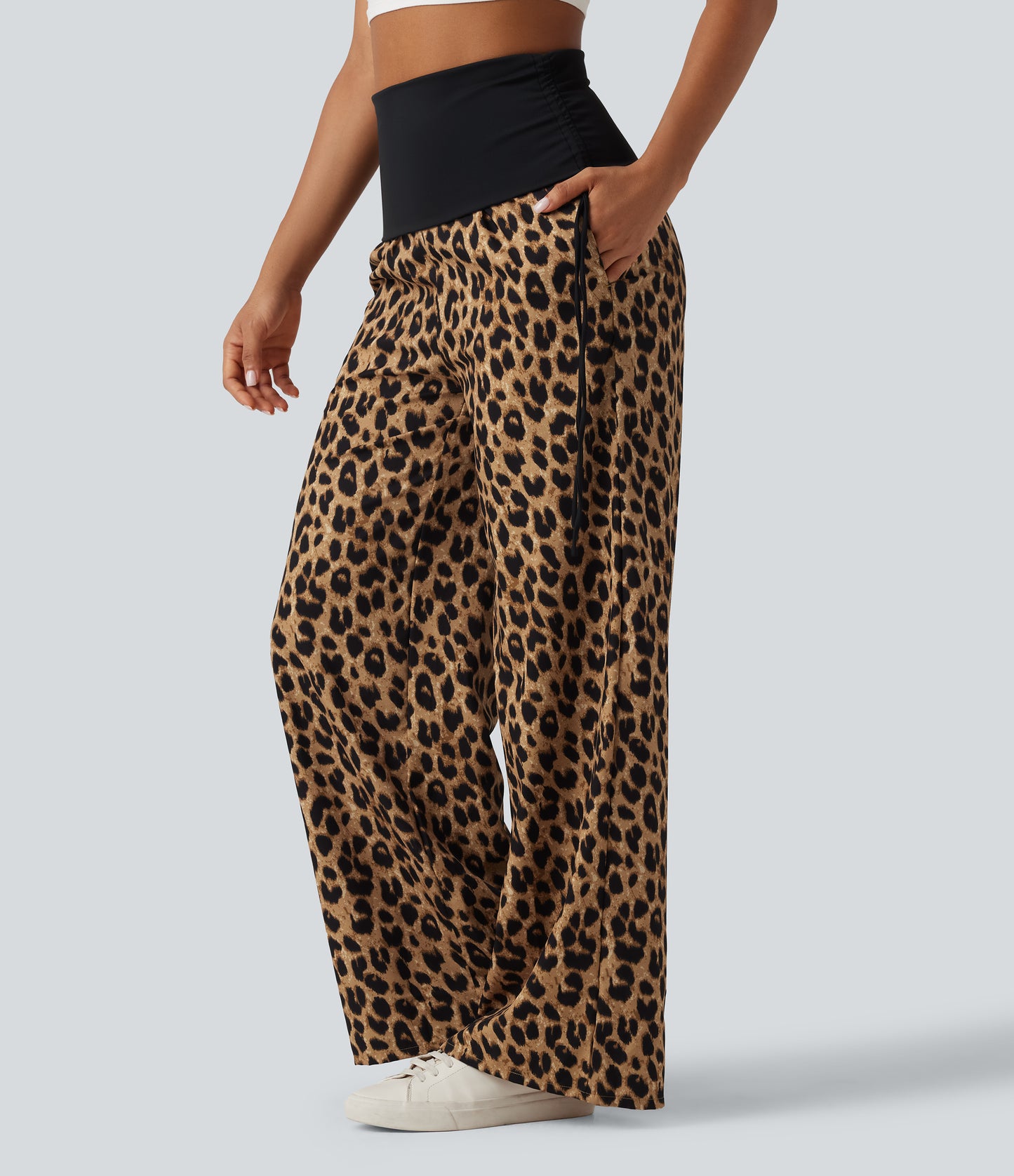 Foldover High Waisted Ruched Drawstring Baggy Leopard Print Casual Pants with Pockets