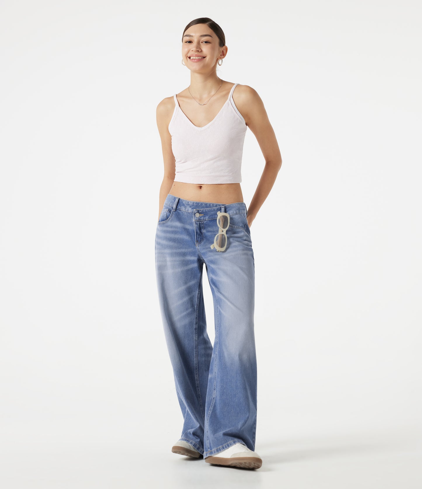 Flex™ Asymmetric Low Rise Baggy Washed Casual Jeans with Pockets