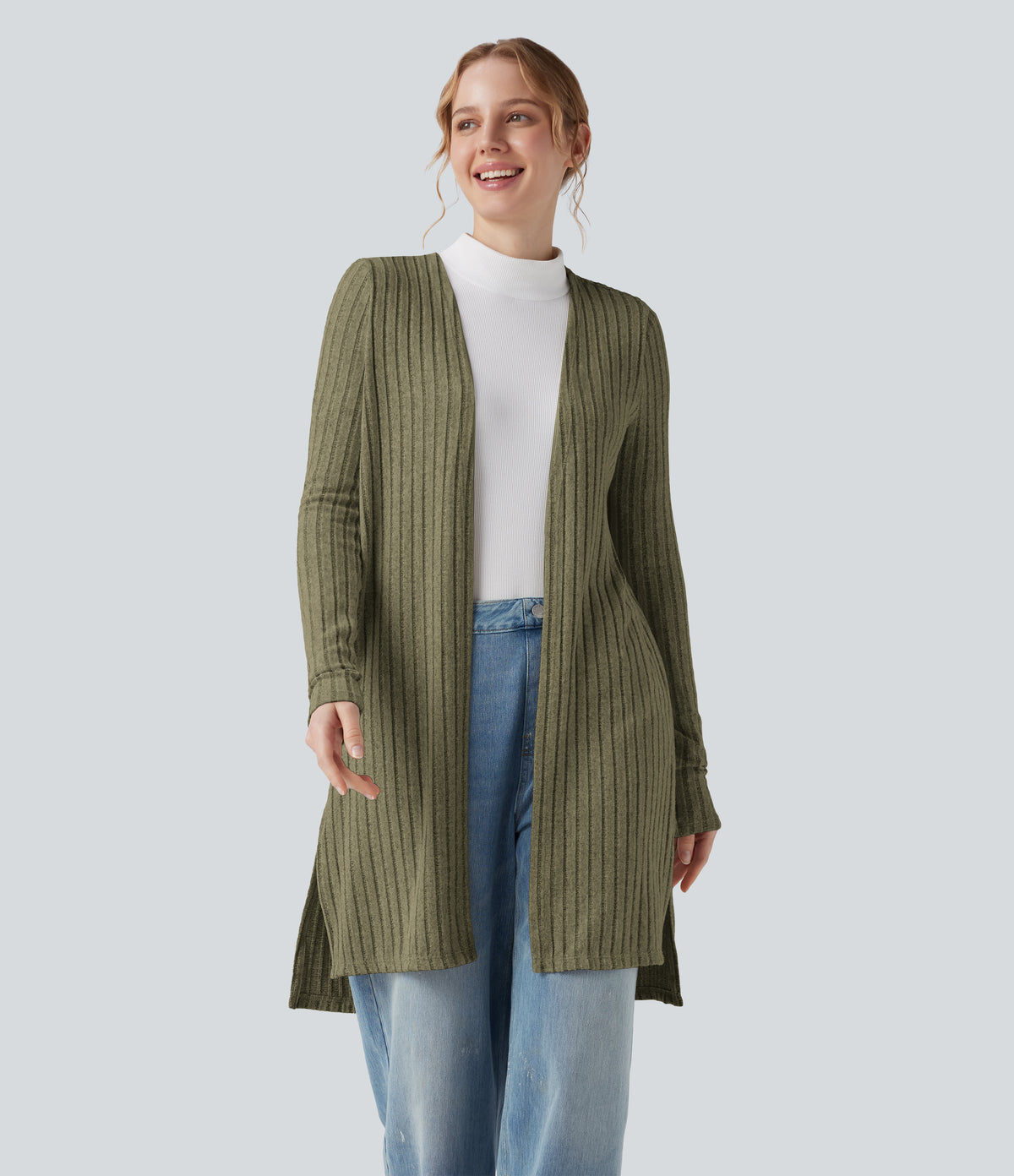 Ribbed Knit Long Sleeve Split Casual Cardigan