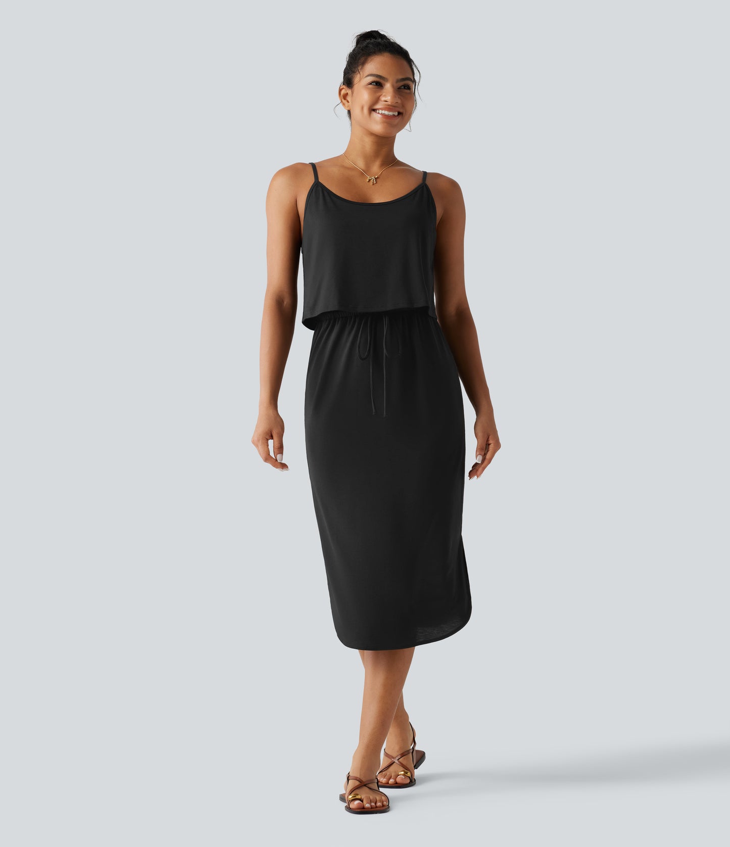 Drawstring Curved Split Hem Midi Casual Slip Dress