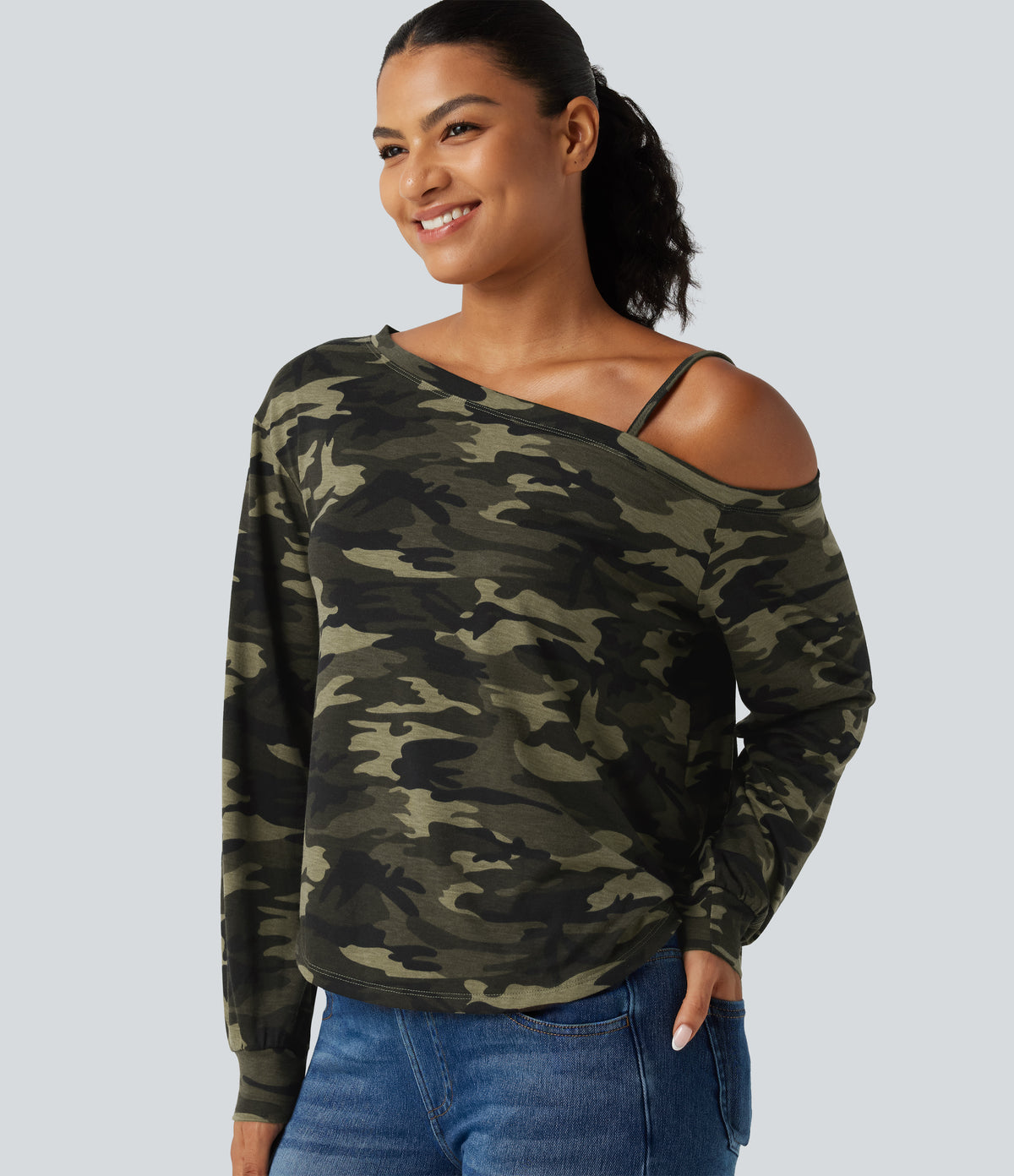 One Shoulder Long Sleeve Camo Casual Top