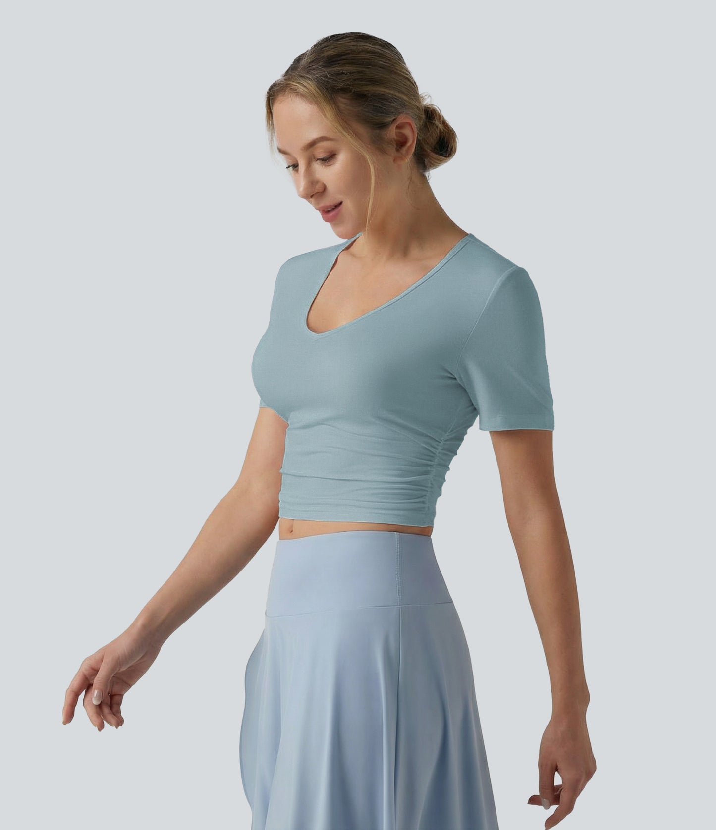V Neck Short Sleeve Cropped Casual T-Shirt