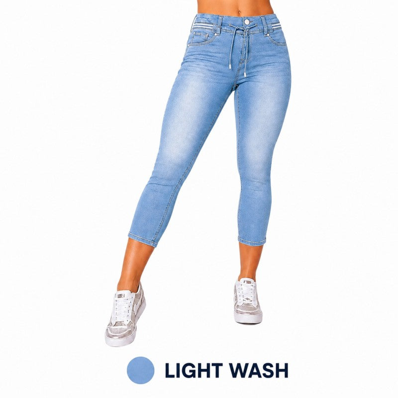 Wash Contrast Binding Double Button Drawstring Mid Waist High Stretch Fit Capri Jeans Pant