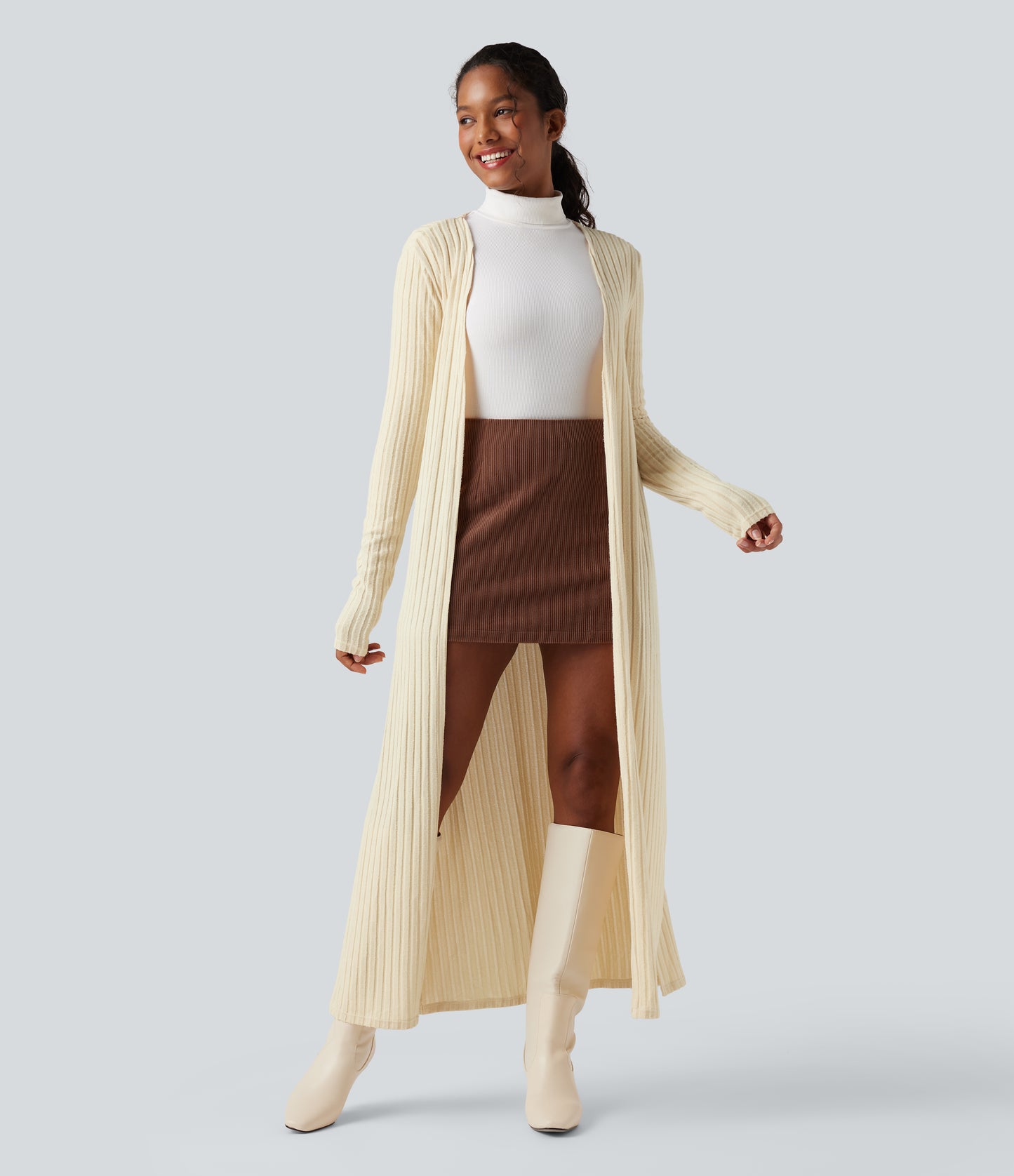 Ribbed Knit Long Sleeve Split Casual Longline Cardigan