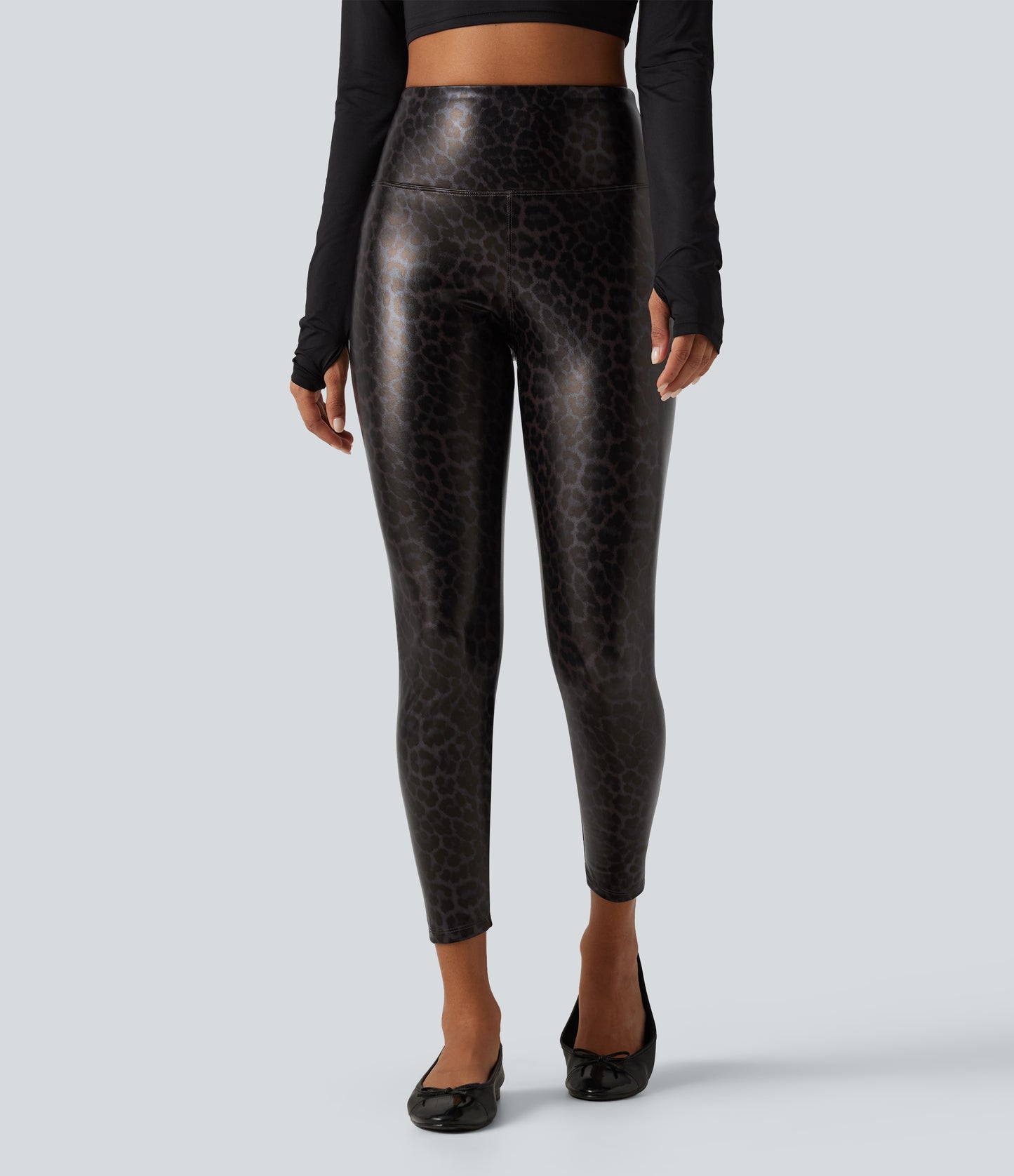 High Waisted Tummy Control Stretchy PU Leopard Print Skinny Casual Leggings with Pockets