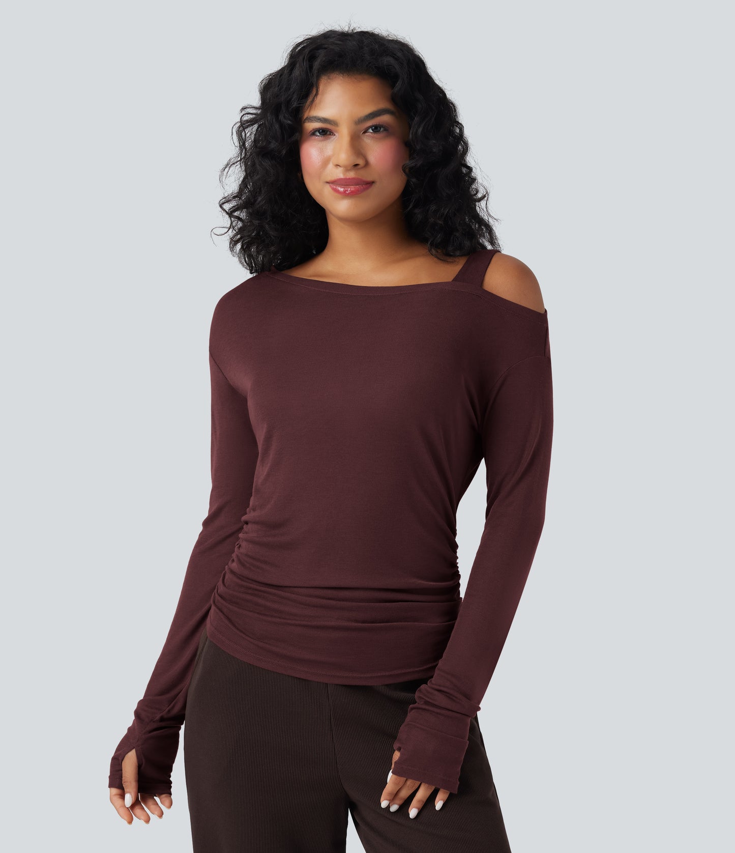 One-Shoulder Long Sleeve Asymmetrical Casual Wool-Blend T-Shirt