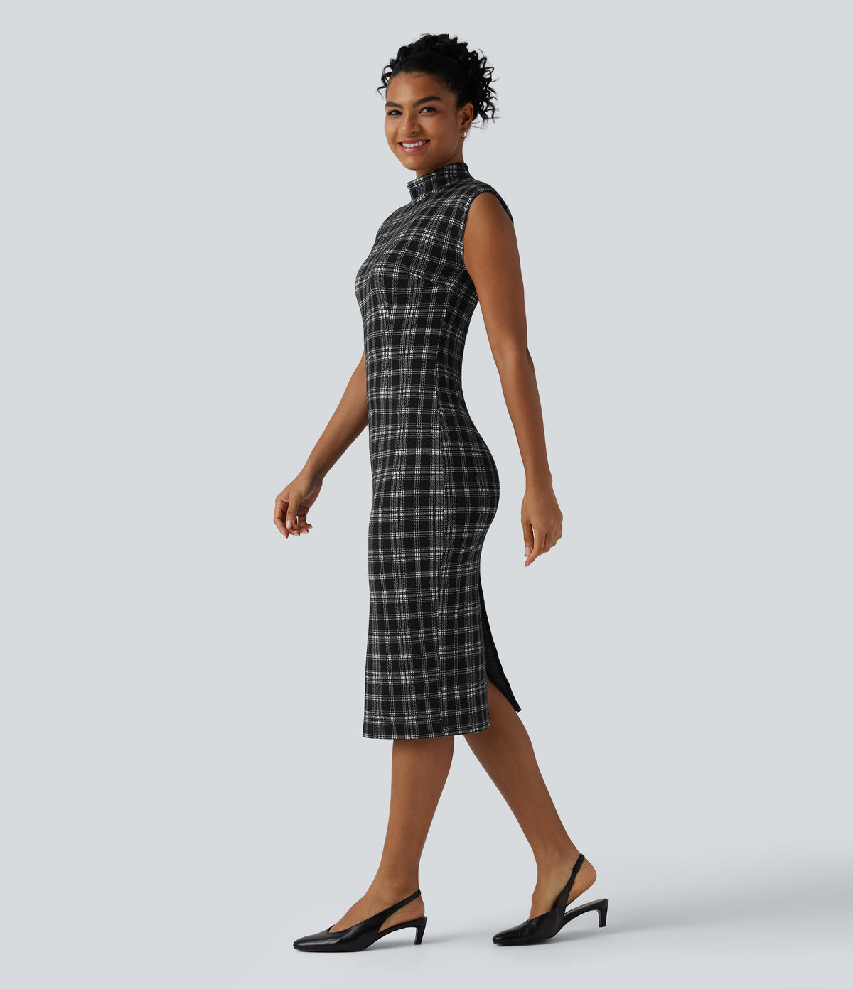 High Neck Sleeveless Bodycon Houndstooth Plaid Midi Work Dress