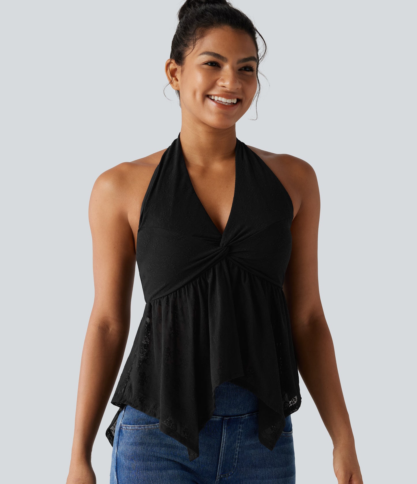 Halter Backless Ruffle Hem Built-in Bra Casual Lace Blouse