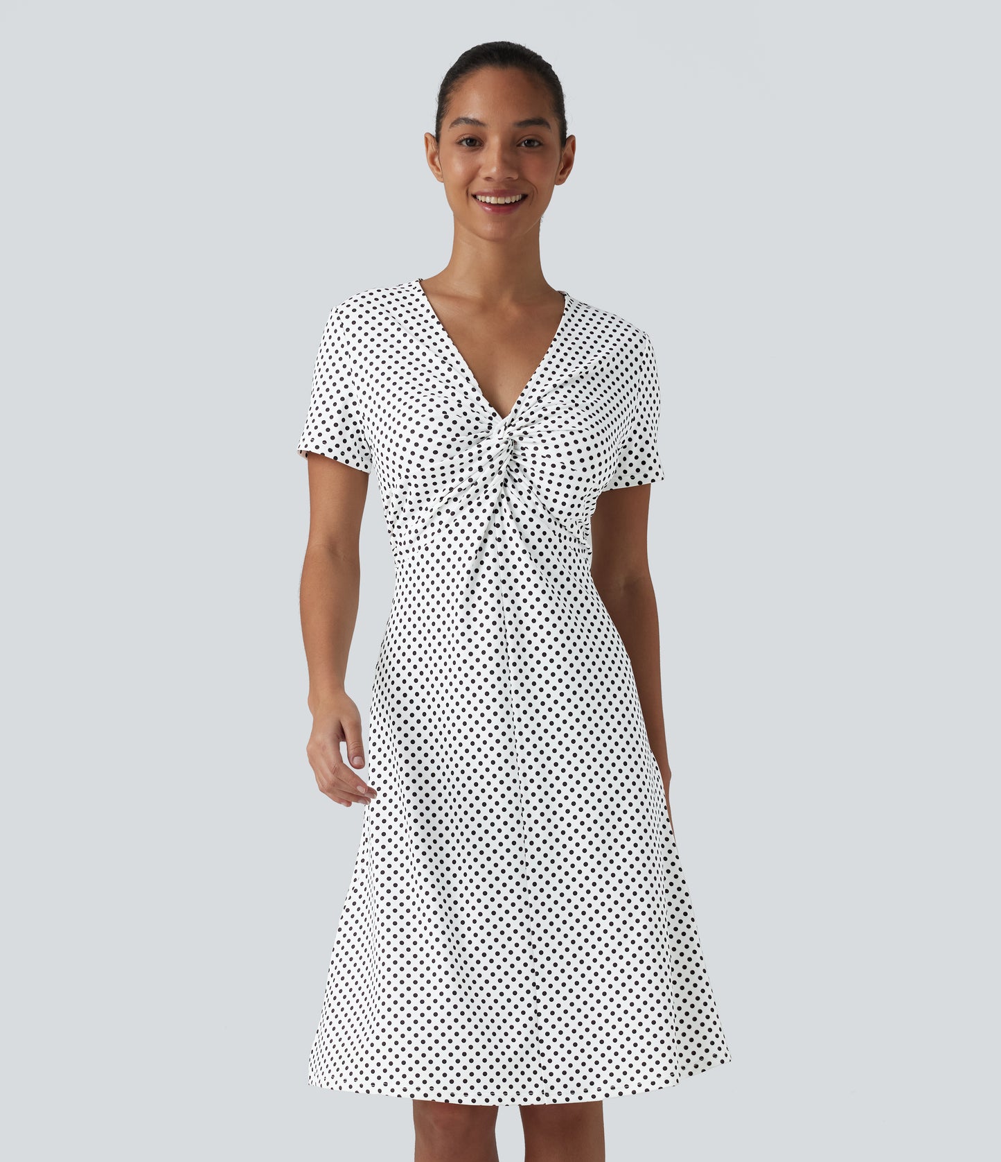 V Neck Short Sleeve Polka Dot Knee Length Casual Dress