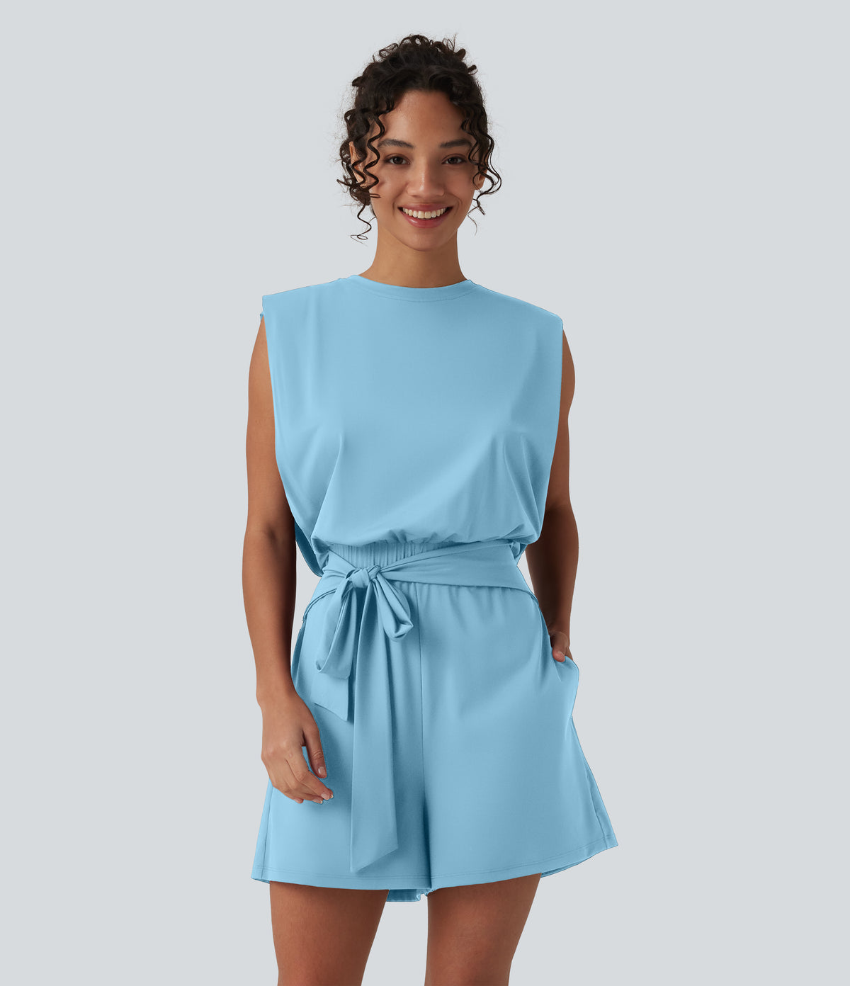 Round Neck Sleeveless Tie-front Cool Touch Casual Romper with Pockets-Easy Peezy-UPF50+