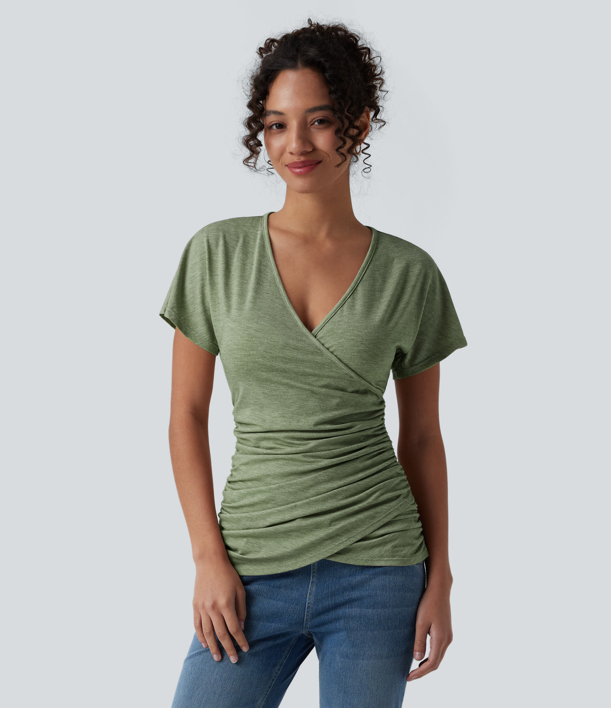 V Neck Short Sleeve Ruched Casual Top
