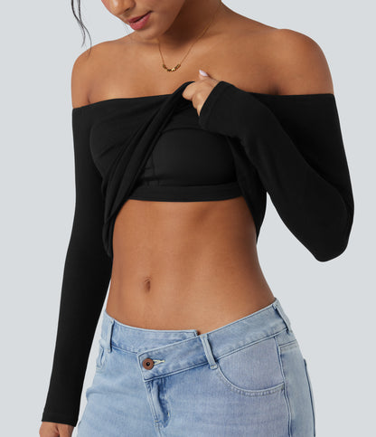 Ribbed Knit Off Shoulder Long Sleeve 2-in-1 Casual Top