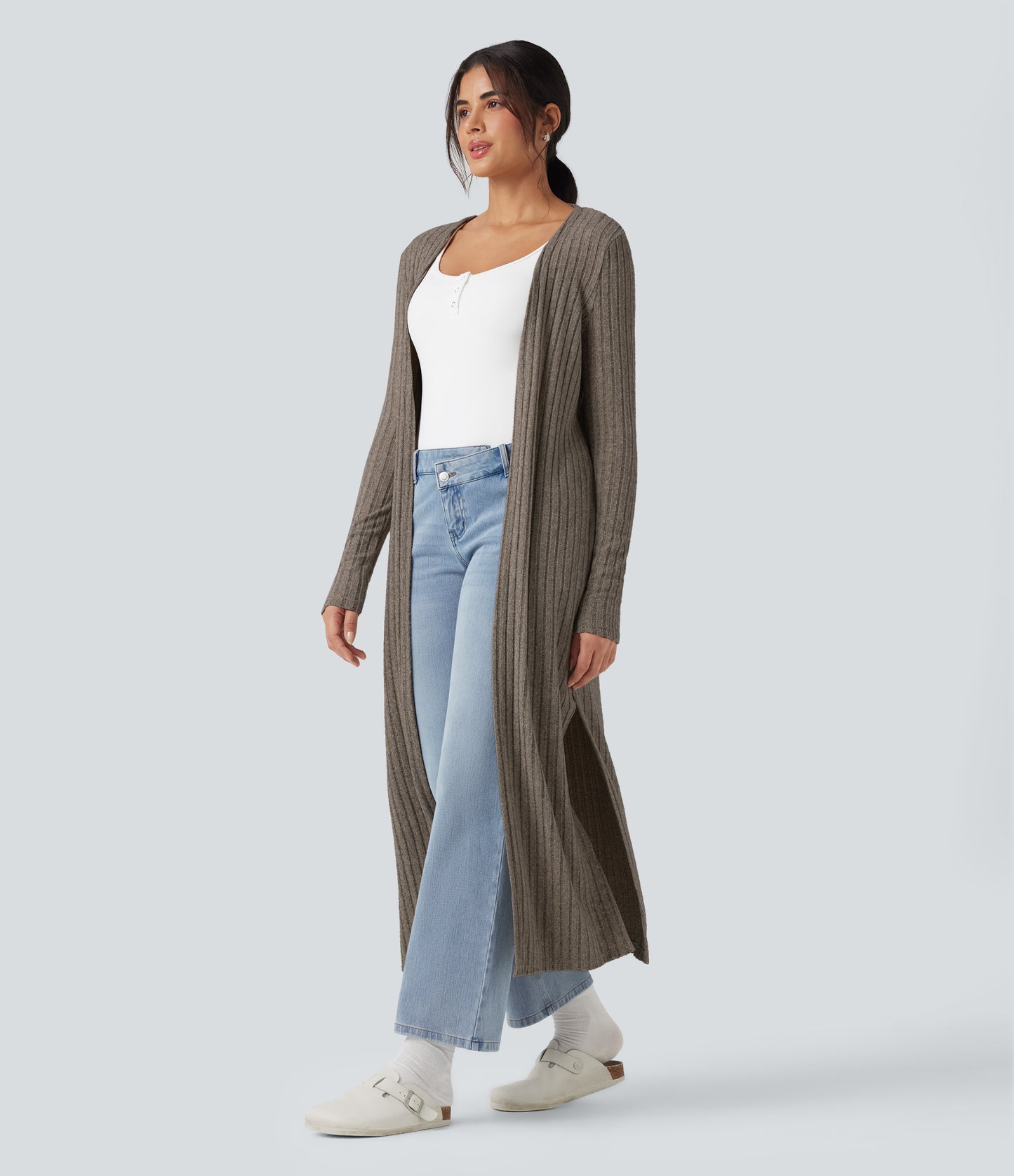 Ribbed Knit Long Sleeve Split Casual Longline Cardigan