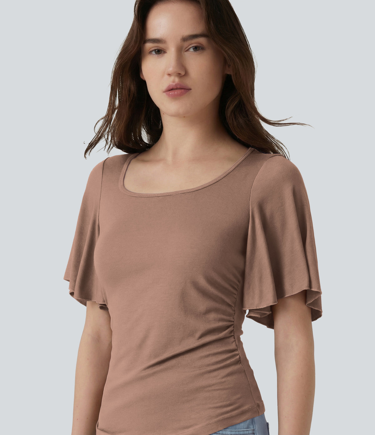 Ribbed Square Neck Butterfly Sleeve Ruched Casual T-Shirt