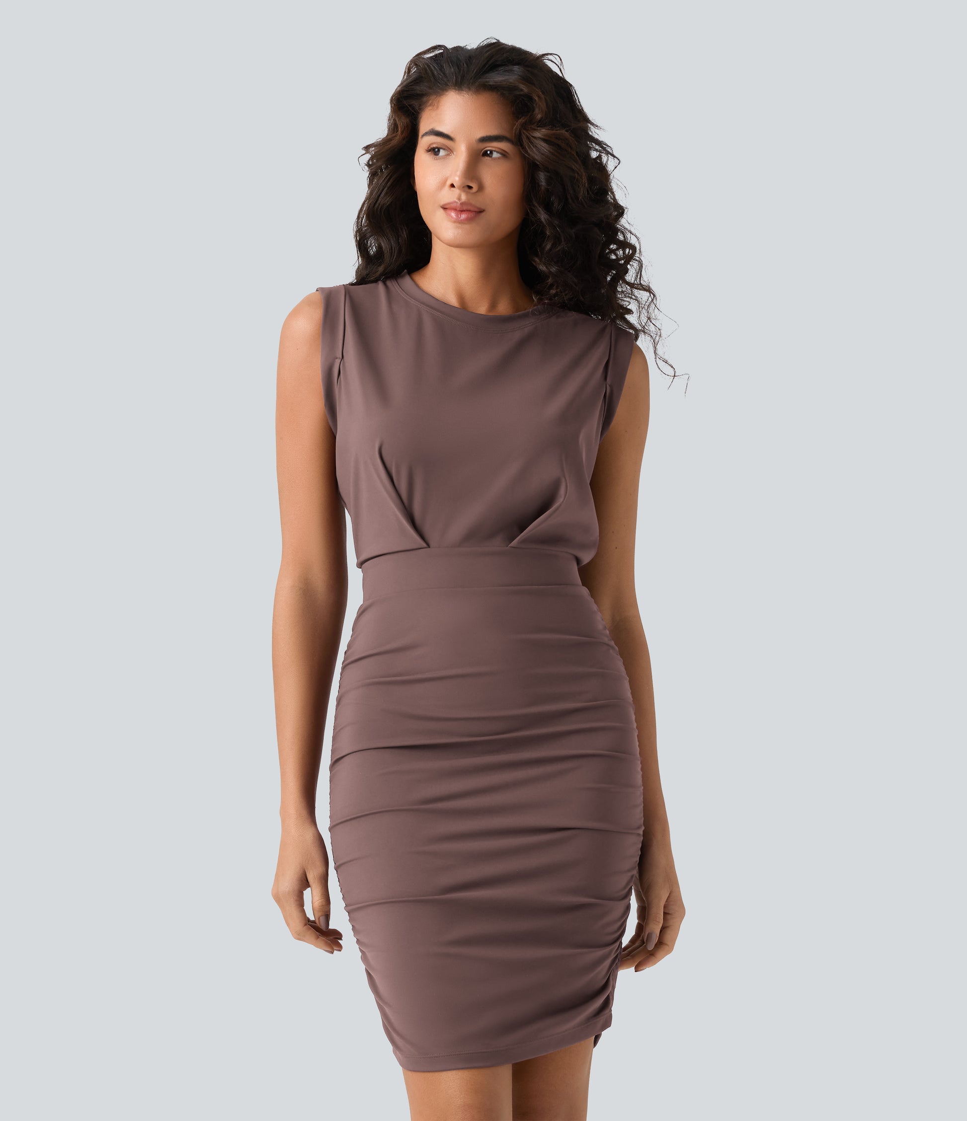 SoftlyZero™ Airy Round Neck Sleeveless Ruched InstantCool Bodycon Mini Party Dress