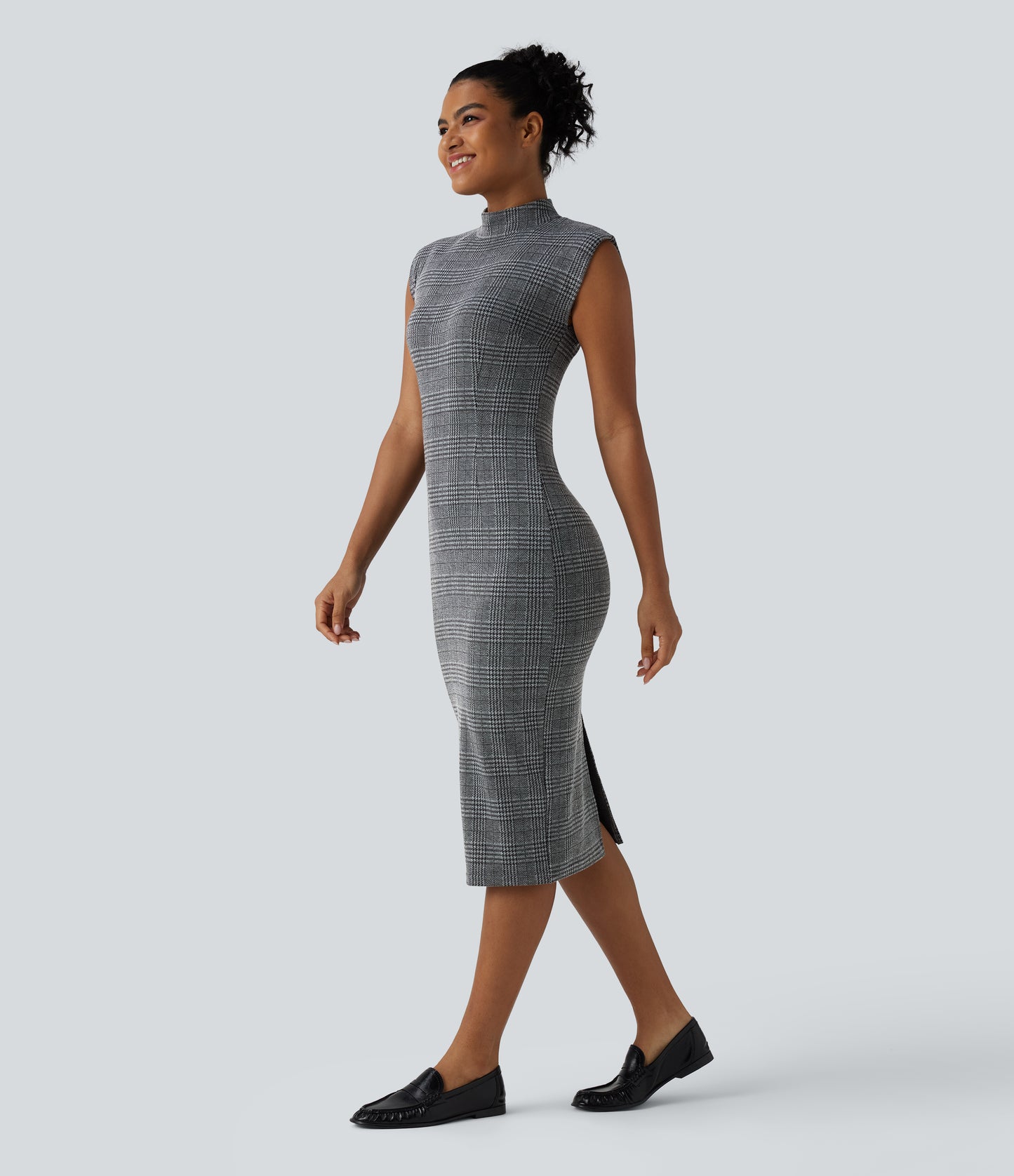 High Neck Sleeveless Bodycon Houndstooth Plaid Midi Work Dress