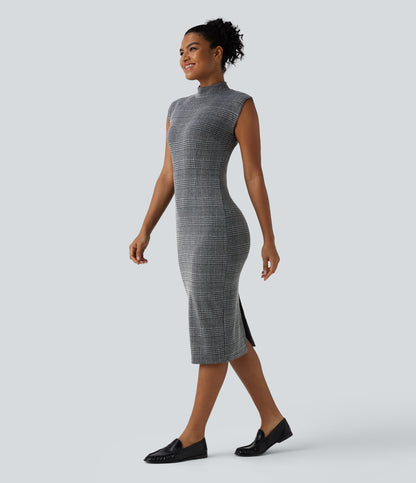 High Neck Sleeveless Bodycon Houndstooth Plaid Midi Work Dress