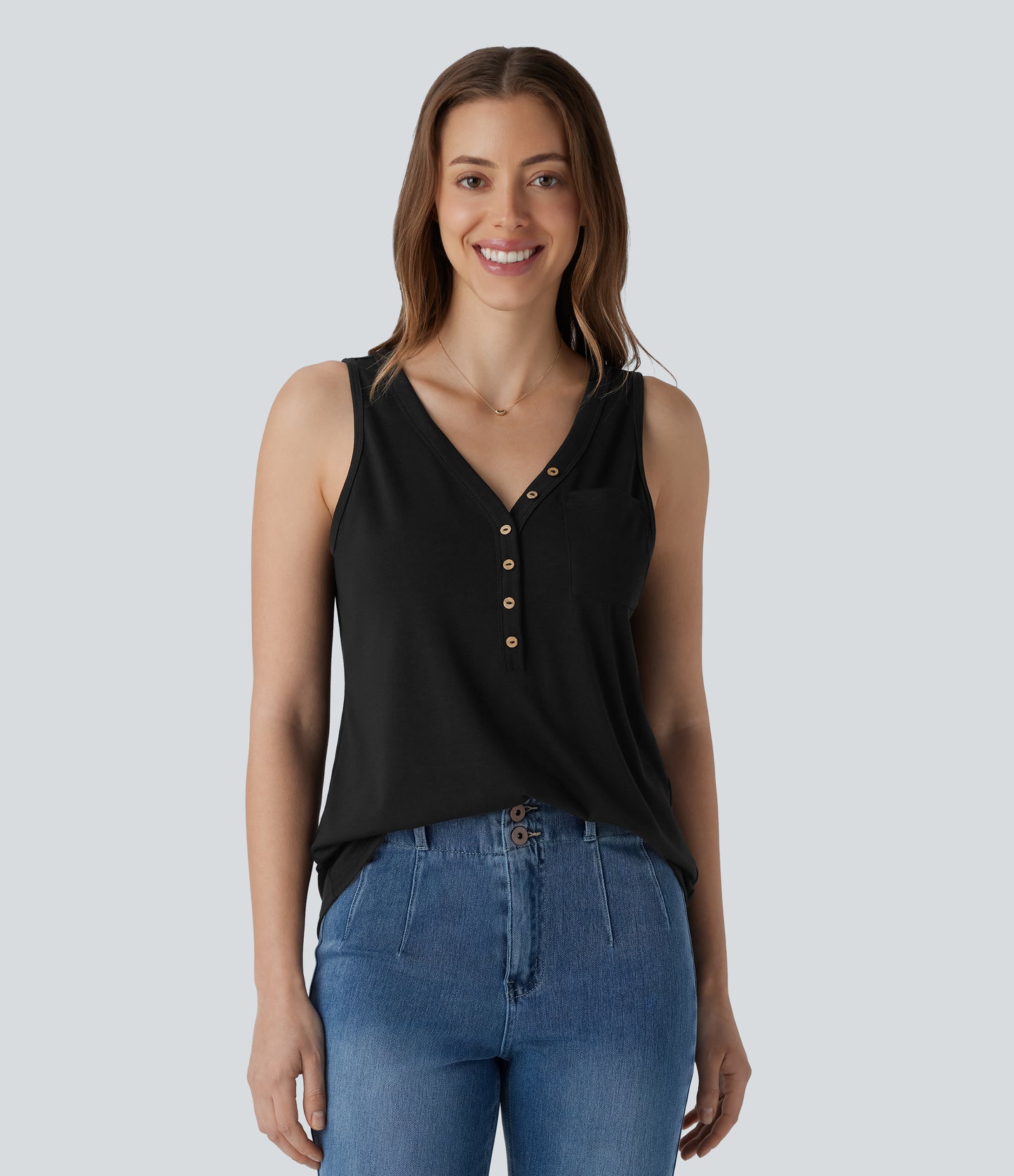 V Neck Sleeveless Decorative Casual Top