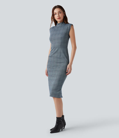 High Neck Sleeveless Bodycon Houndstooth Plaid Midi Work Dress