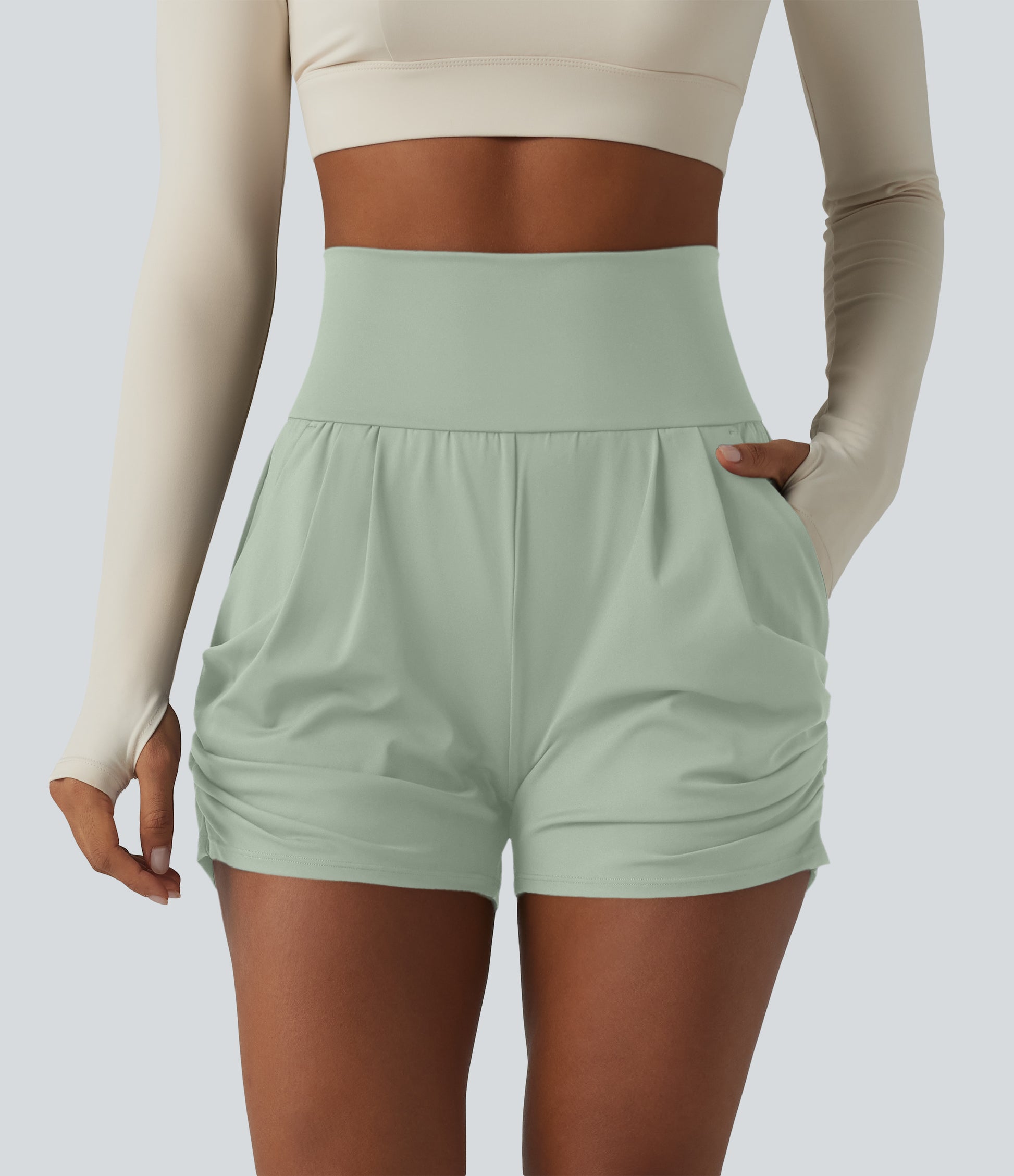 SoftlyZero™ Airy High Waisted Ruched InstantCool Yoga Shorts 3'' with Pockets