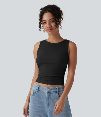 Ribbed Knit Round Neck Ruched Casual Tank Top