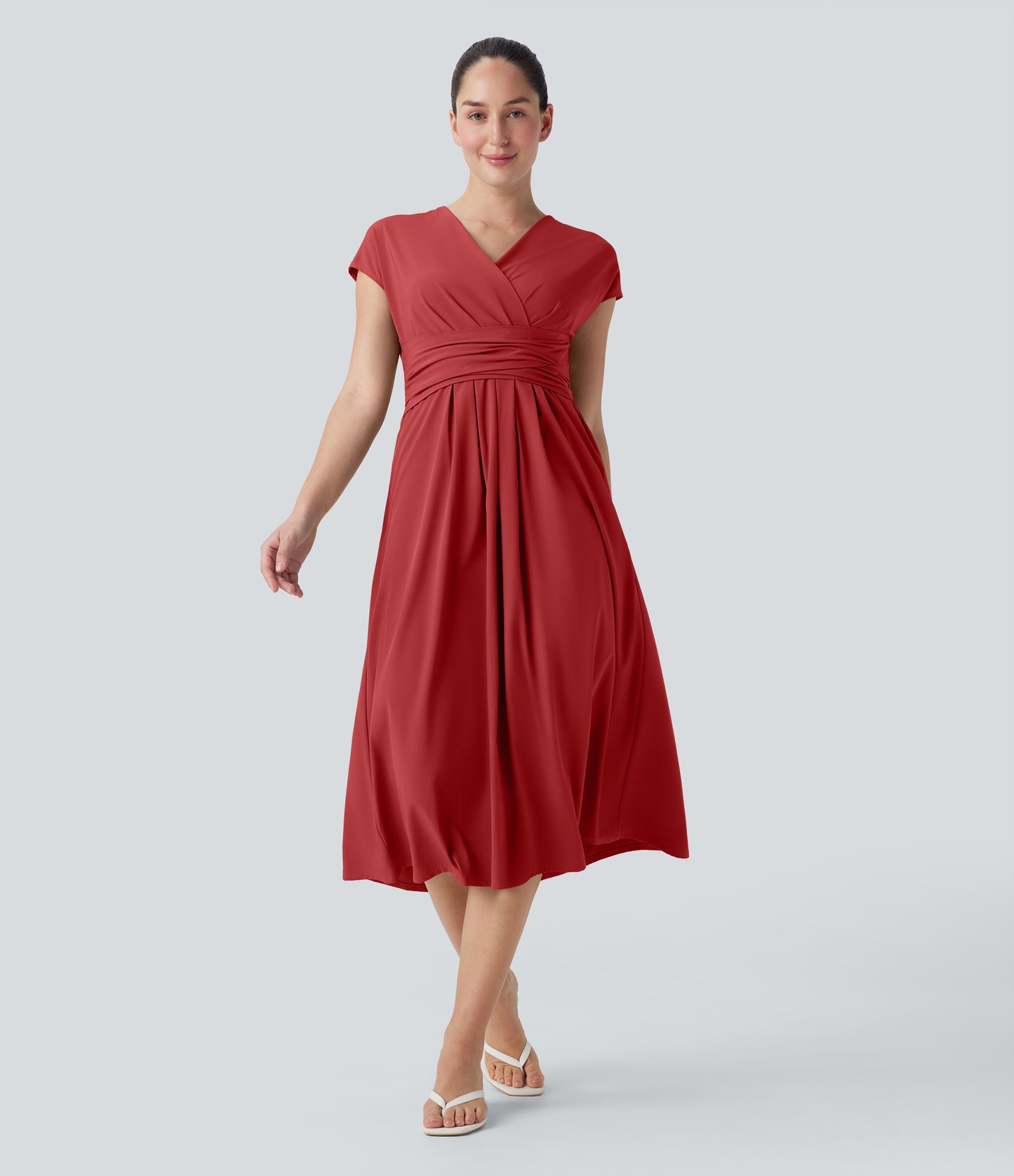 Breezeful™ V Neck Short Sleeve Pocket Tie Back Quick Dry Midi Casual Dress