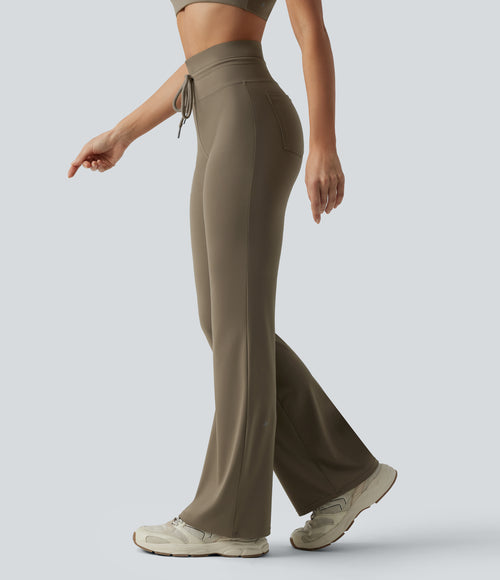 High Waisted Drawstring Plain Flare Yoga Pants with Pockets