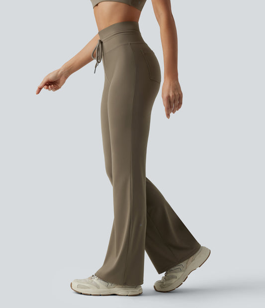 High Waisted Drawstring Plain Flare Yoga Pants with Pockets