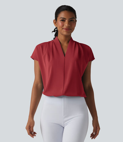 Wrinkle Recovery V-neck Batwing Sleeve Loose Fit Work Blouse