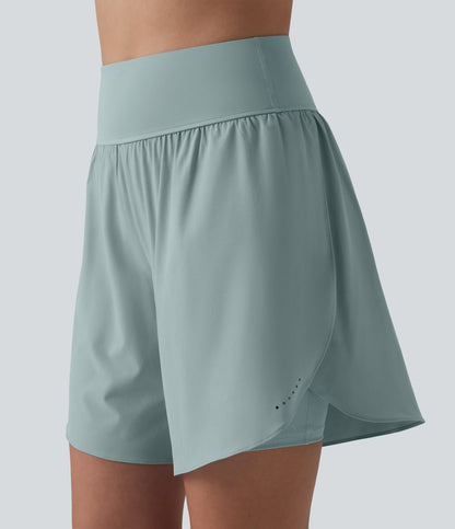 SoftlyZero™ QuickDry High Waisted Tummy Control Reflective Dots Crossover Hem 2-in-1 Running Shorts 7'' with Pockets