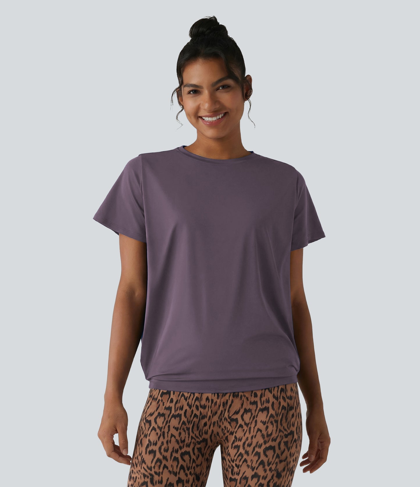 Round Neck Short Sleeve Ruched Cool Touch Yoga Sports Top-UPF50+
