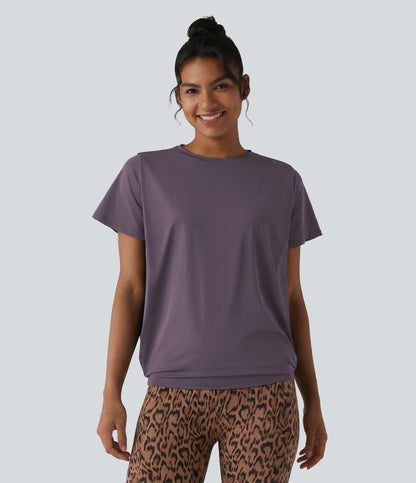 Round Neck Short Sleeve Ruched Cool Touch Yoga Sports Top-UPF50+