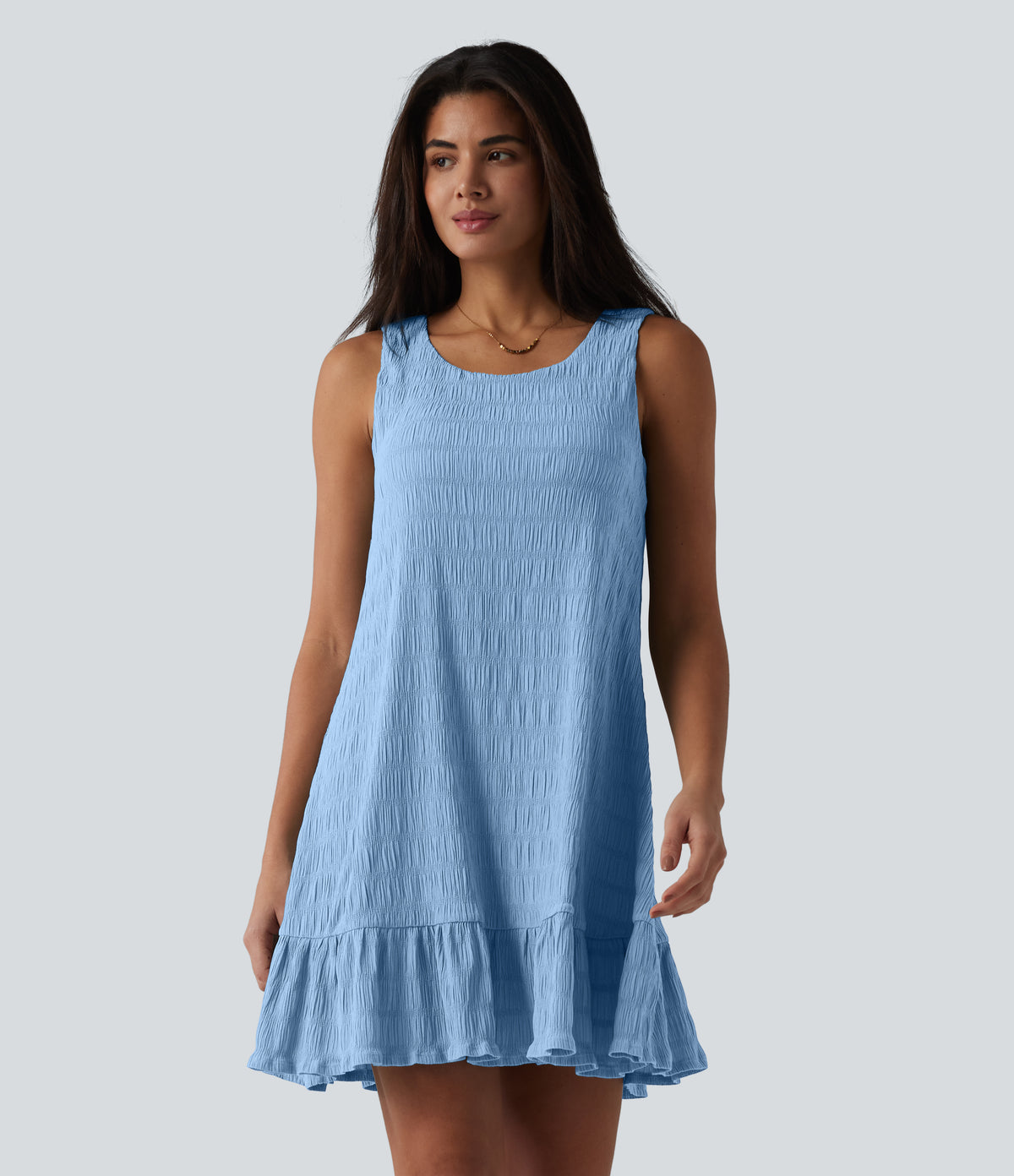 Round Neck Built-in Bra Sleeveless Ruffle Hem Mini Casual Dress