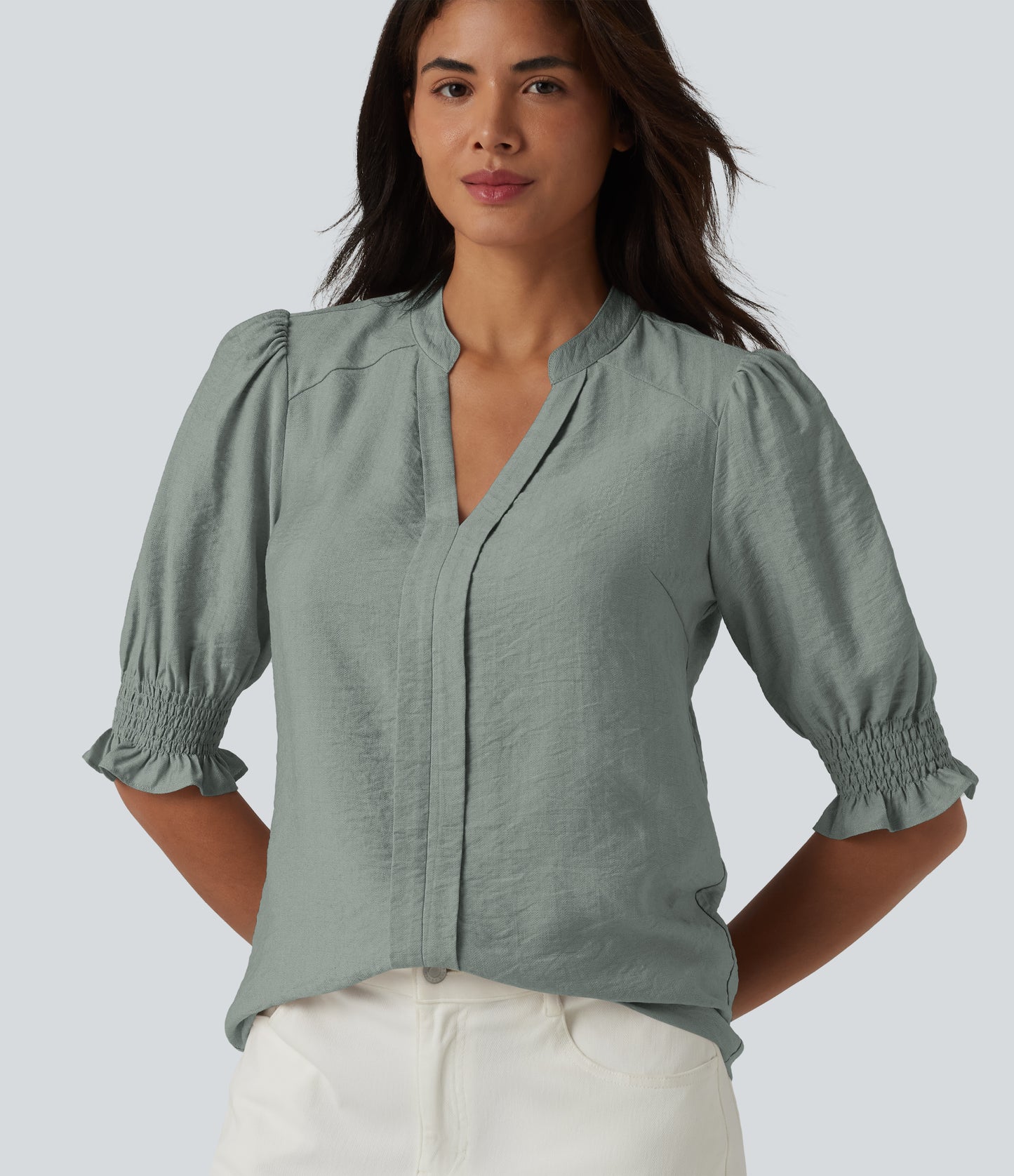 V Neck Puff Short Sleeve Casual Blouse