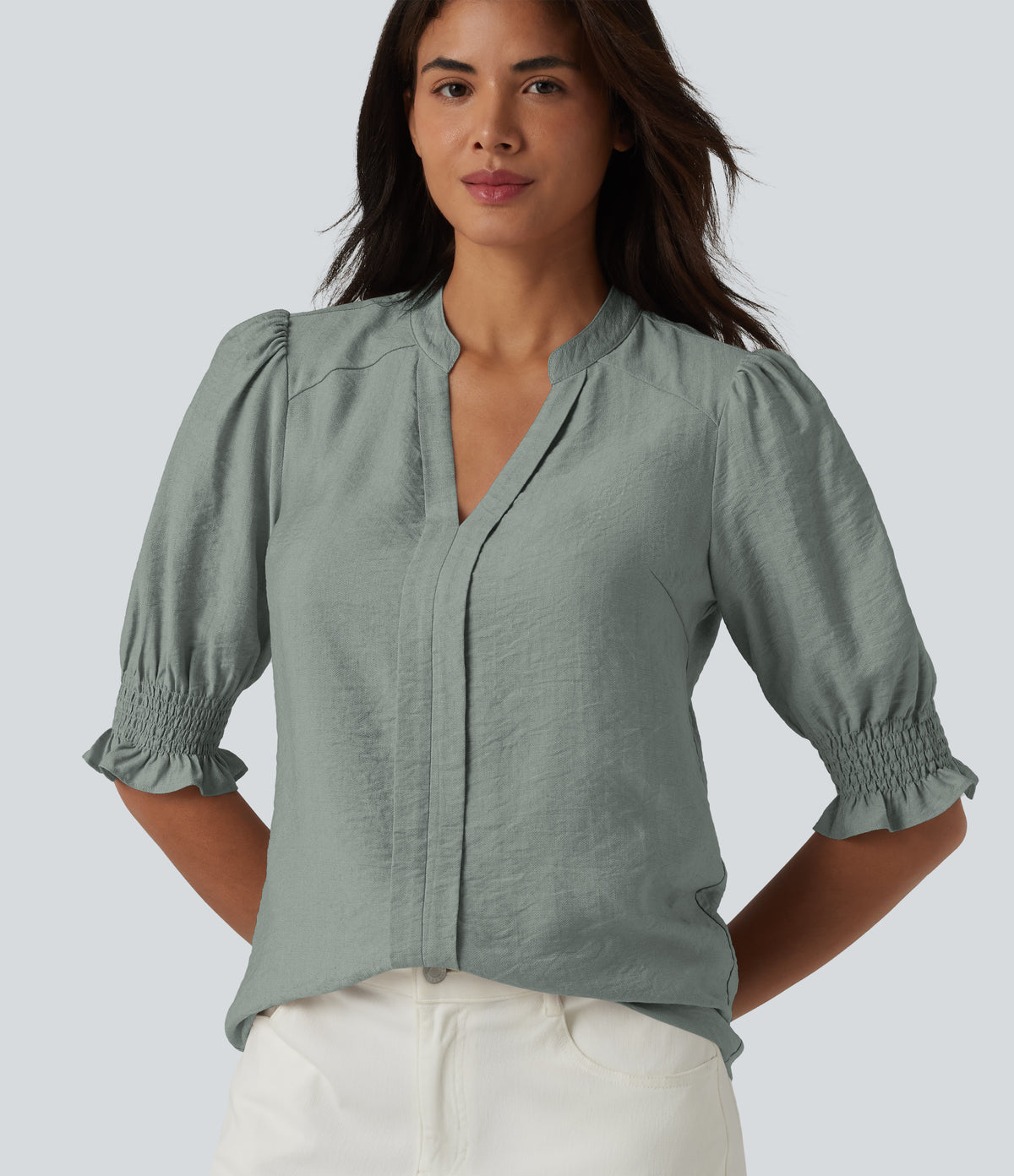 V Neck Puff Short Sleeve Casual Blouse