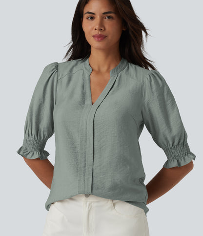 V Neck Puff Short Sleeve Casual Blouse