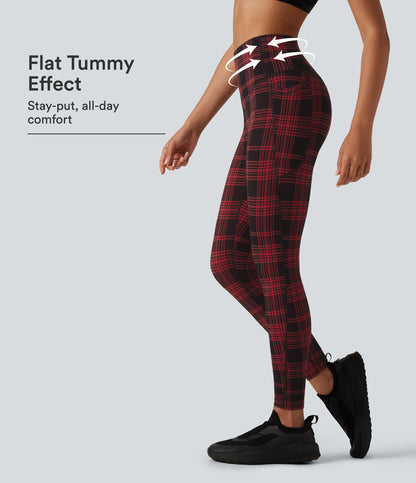 UltraSculpt™ Plaid Print High Waisted Tummy Control Running Leggings with Pockets