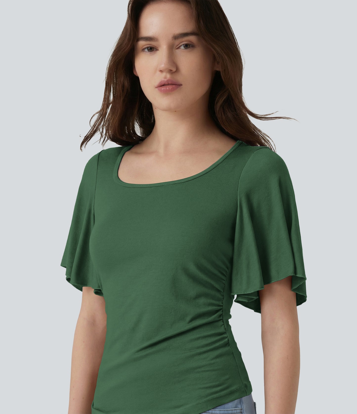 Ribbed Square Neck Butterfly Sleeve Ruched Casual T-Shirt