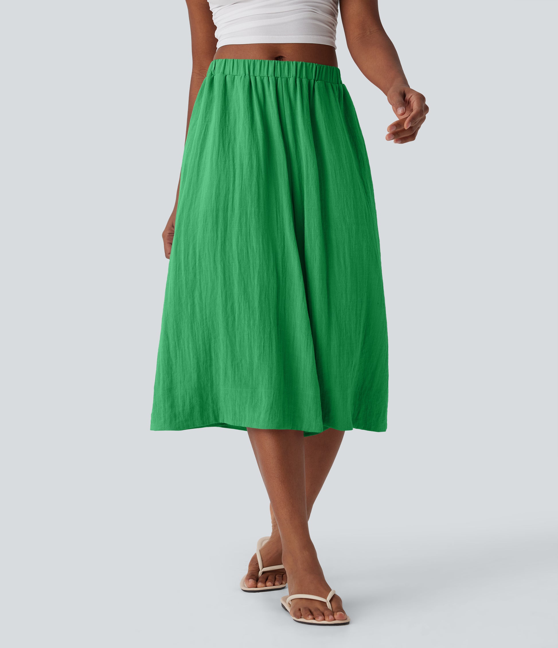 Mid Rise Wide Leg Flowy Linen-Feel Pants with Pocket