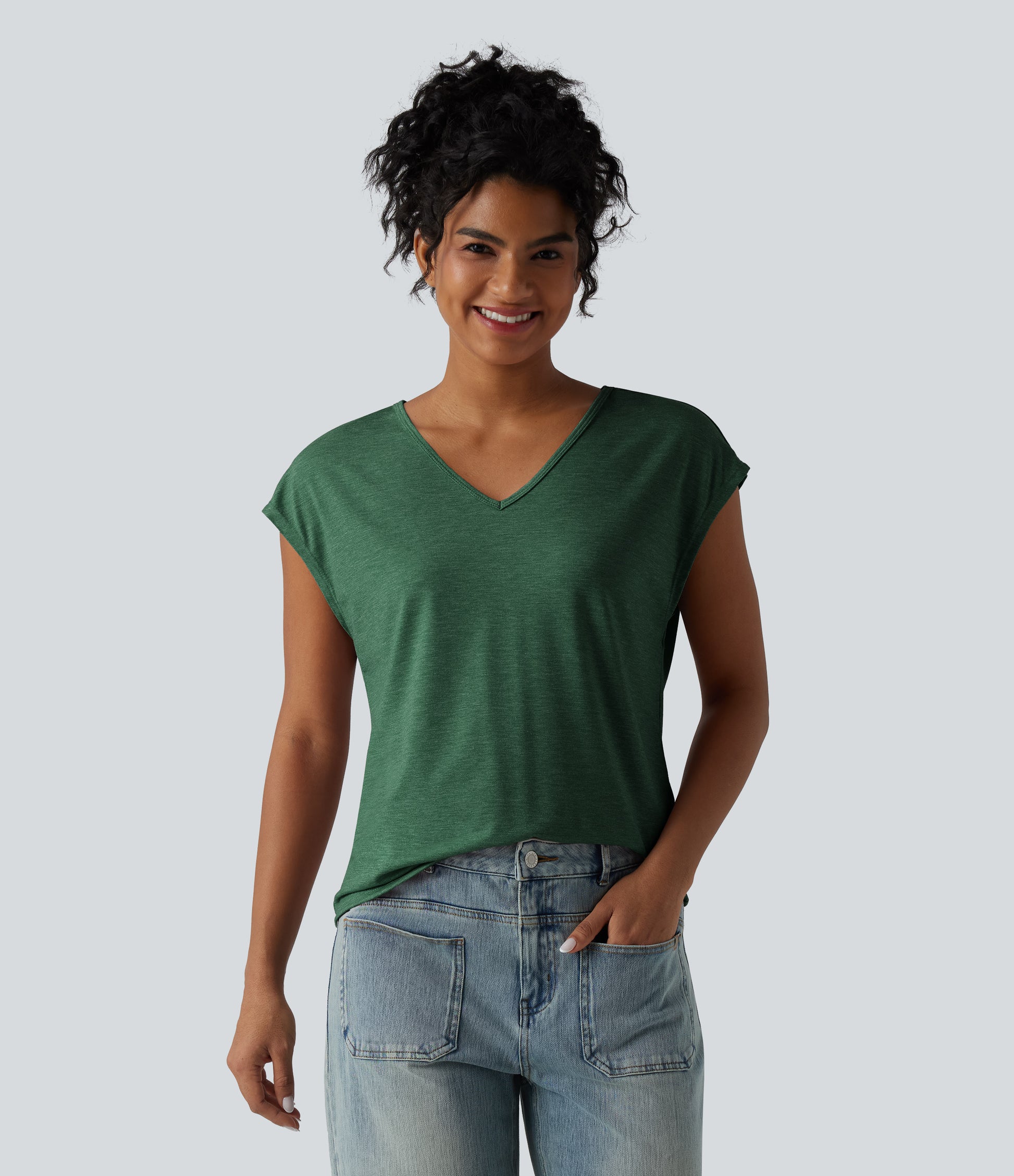 V Neck Short Sleeve Relaxed Heathered Casual T-Shirt