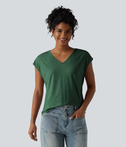 V Neck Short Sleeve Relaxed Heathered Casual T-Shirt