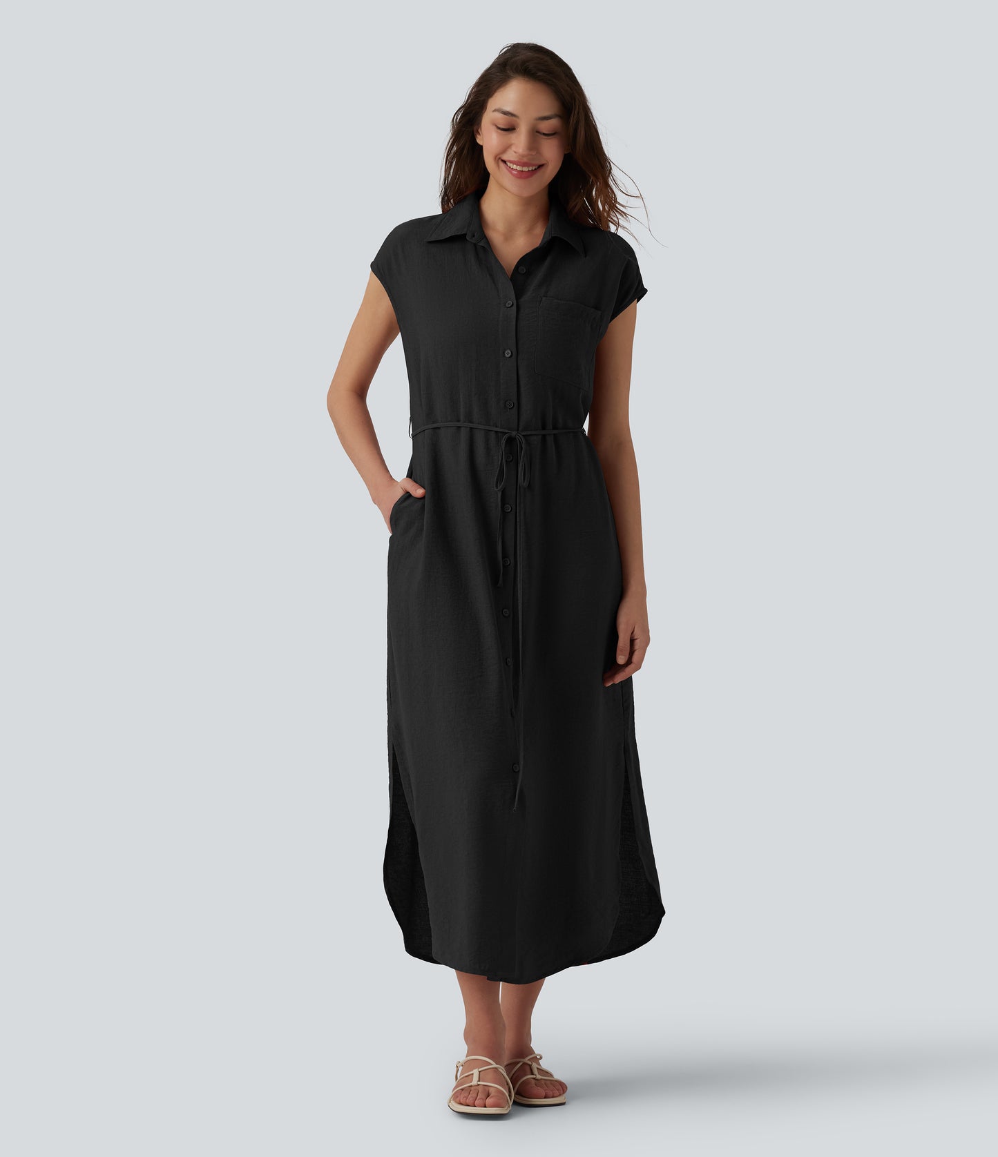 Collar Cap Sleeve Belted Curved Split Hem Midi Casual Shirt Dress with Pockets
