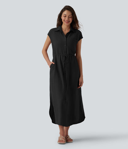 Collar Cap Sleeve Belted Curved Split Hem Midi Casual Shirt Dress with Pockets
