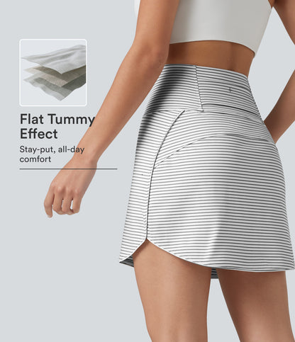 Ultra High-Waist Tummy Control Curved Hem 2-in-1 Stripes Golf Mini Skirt with Pockets