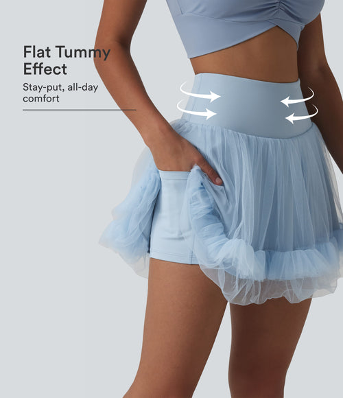 High Waisted Tummy Control Contrast Mesh 2-in-1 Mini Workout Skirt with Pockets