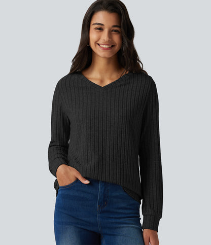 Ribbed Knit V Neck Long Sleeve Casual T-Shirt