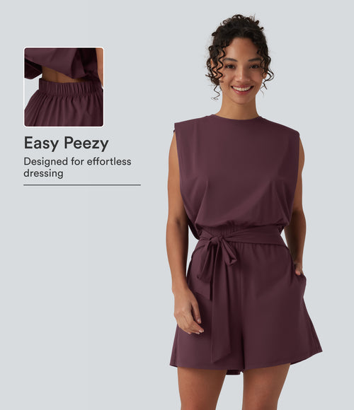 Round Neck Sleeveless Tie-front Cool Touch Casual Romper with Pockets-Easy Peezy-UPF50+