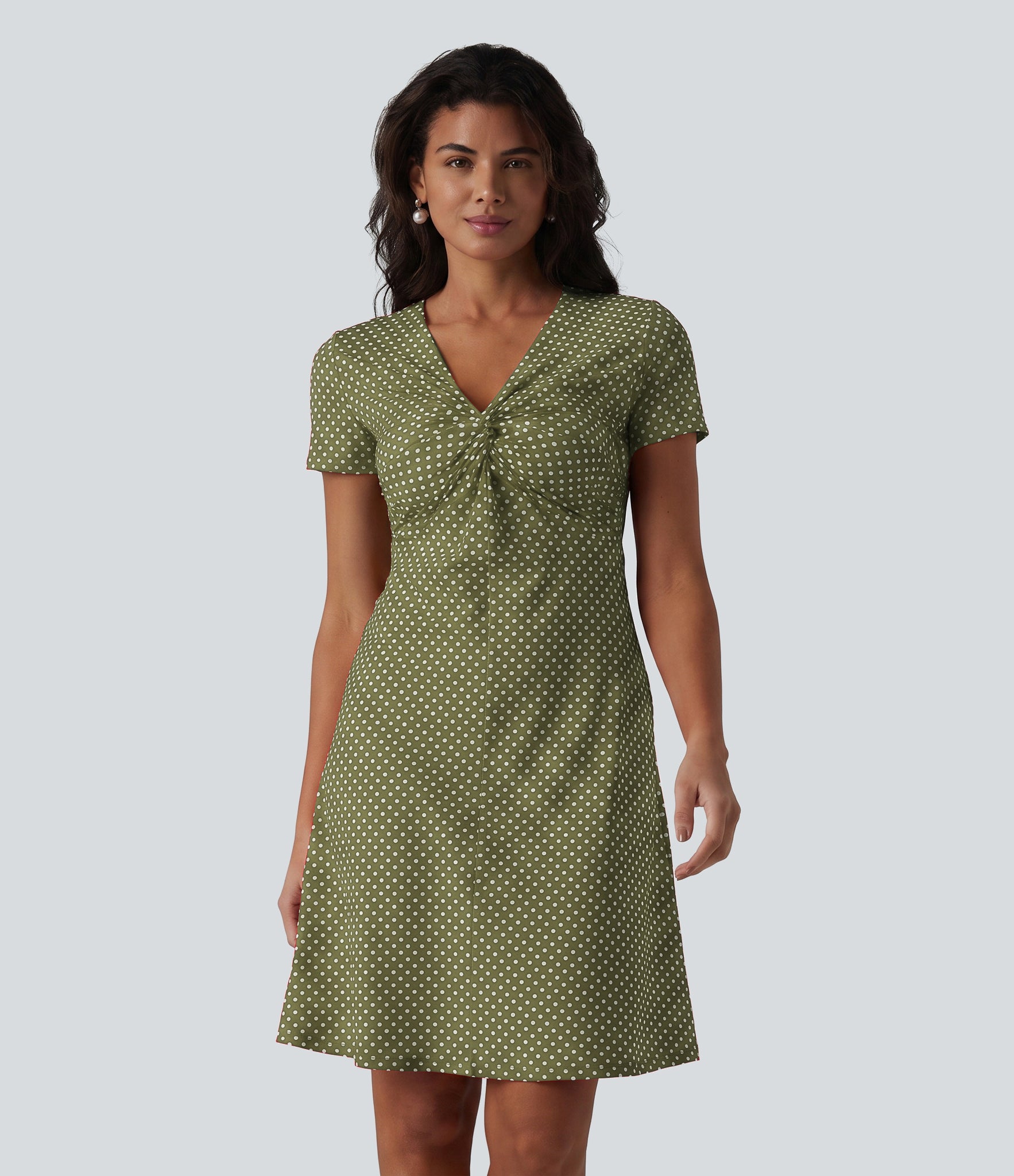 V Neck Short Sleeve Polka Dot Knee Length Casual Dress